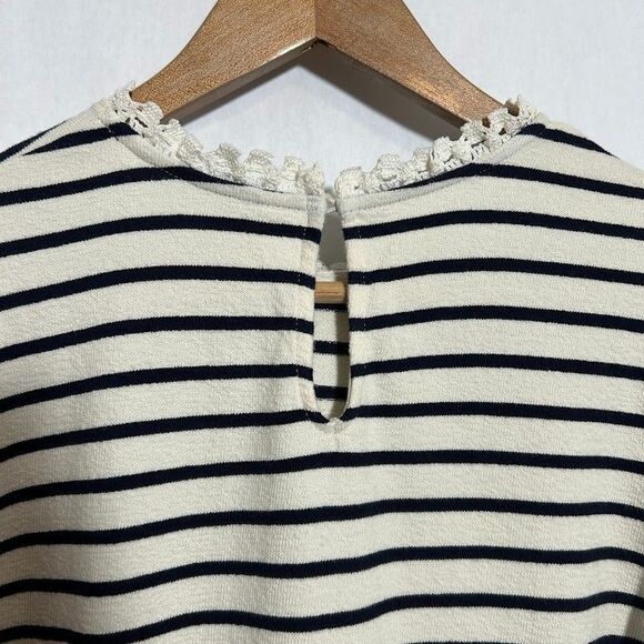 BODEN Crochet Trim Collar Long Sleeve Top US 6 Cream Navy Blue Striped Cotton - Picture 8 of 10